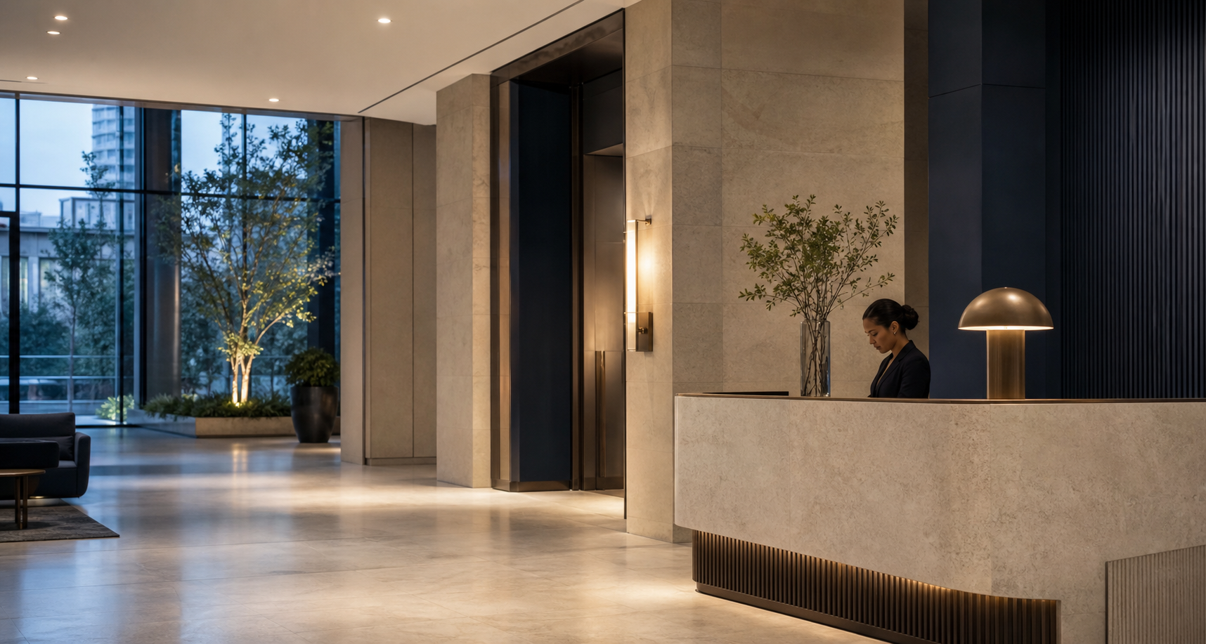 A private concierge welcoming guests in a refined residential lobby
