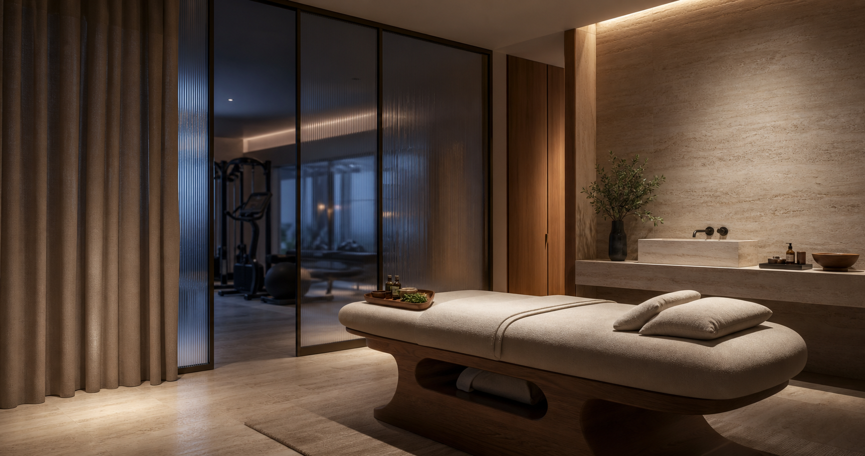 Conceptual private treatment suite for the Merkama wellness experience